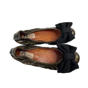 Lanvin Women's Olive Green Ballet Flats W/Black Bow Size EU36/US 5.5-6